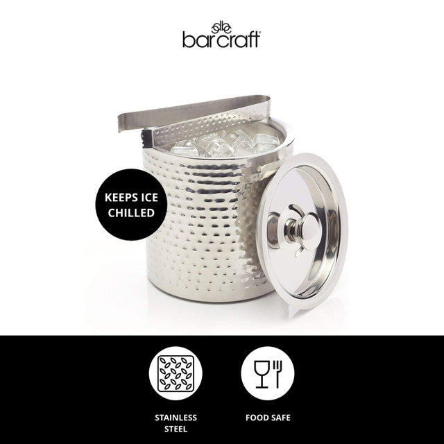 BarCraft Small Hammered Ice Bucket with Lid and Tongs
