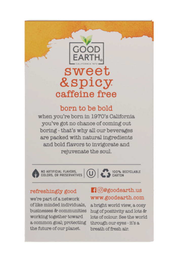 A rectangular Good Earth Brewing sweet & spicy caffeine free beverage box shown against a plain white background. The packaging features a white and light gray base with an orange top section, orange and dark red text, and small green leaf accents.