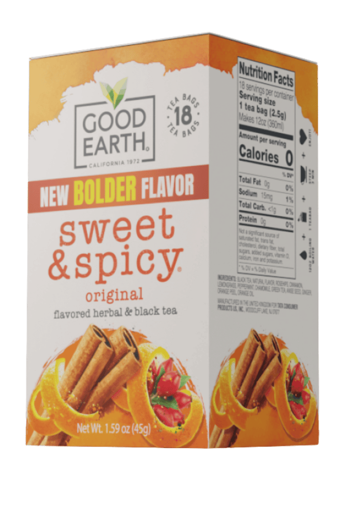 A box of Good Earth Sweet & Spicy Original flavored herbal and black tea, featuring orange and white packaging with illustrations of cinnamon and citrus slices.