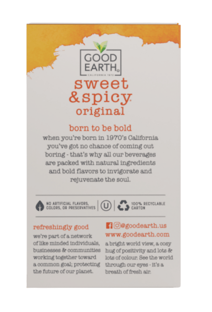 A rectangular tea box for Good Earth Sweet & Spicy Original, featuring a white background with orange and brown paint-stroke accents at the top, black text, and a small green leaf logo above the brand name.